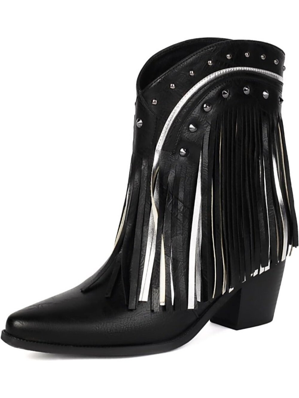 Women Black Western Ankle Bootie Pointed Toe Cowgirl Fringe Tassel Fashion Shoes